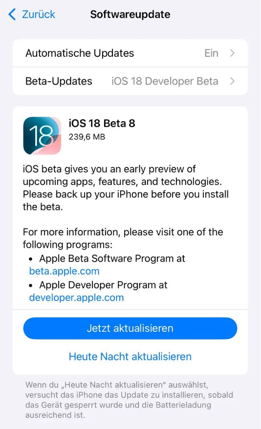 龙城苹果手机维修分享苹果 iOS / iPadOS 18 开发者预览版 Beta 8 发布 